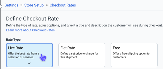 The Define Checkout Rate page shows the Live Rate option selected under the Rate Type.