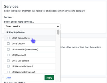 The Service drop-down expanded with an arrow pointing to the available services.