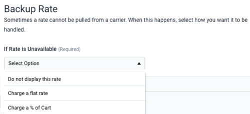 If Live-Rates Unavailable menu options: Do not display, Charge a flat rate, Charge a % of Cart.