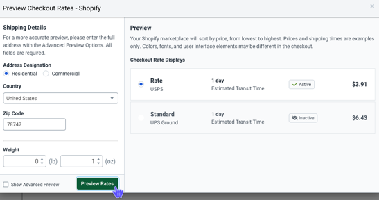 Shows preview of all Checkout Rates, Standard, Expedited, and Fastest, with transit times and rates.