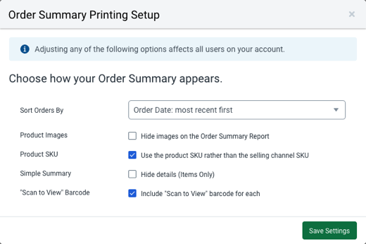 The Order Summary Printing Setup modal allows you to choose how your order summary appears. Sort Orders By shows the Order Number - highest first selected from the drop-down. A check box is next to Product Images, Product SKU, and 'Scan to View' Barcode. Simple Summary has been left unchecked. A Save Changes button keeps the selected options and closes out the modal.