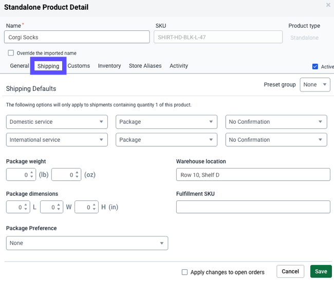 Product details Shipping defaults tab.