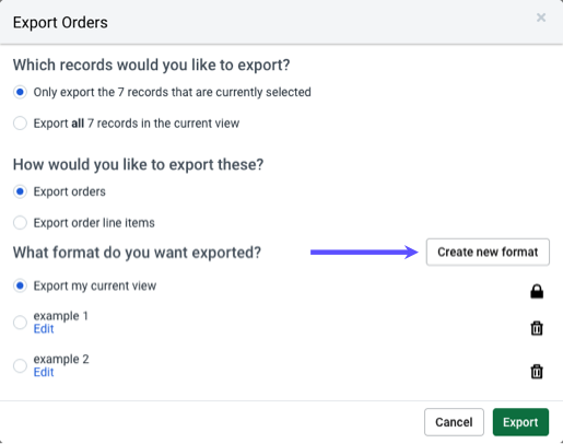 Export Orders pop-up. Arrow points to Create a New Format button