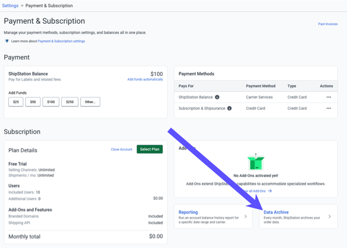 The Data Archive option in Payments & Subscription settings