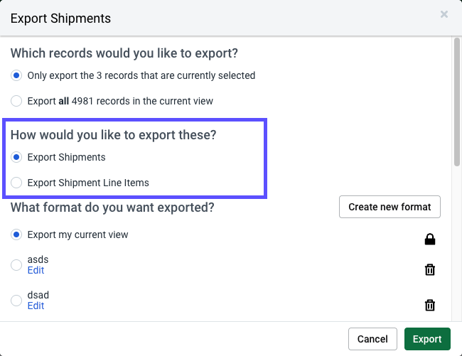 Export Shipments popup. Red box highlights radio button options for How to Export these: Export Shipments or Export Shipment Line Items