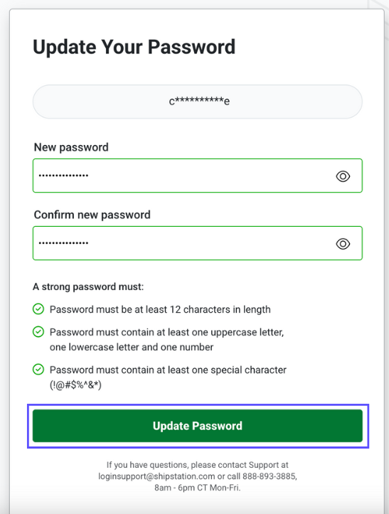 Update-your-password screen. Shows new & confirmed passwords entered, & Change-Password button