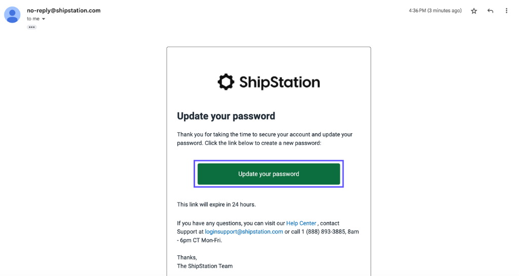 Reset Password URL link shown in the Create-a-New-Password popup & email from ShipStation.