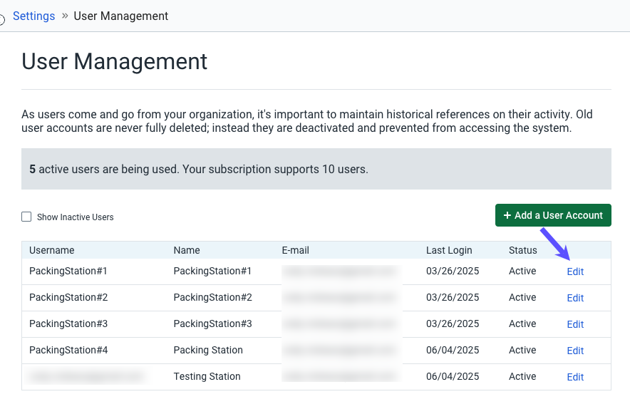 User Management. Arrow points to Edit action for a user.