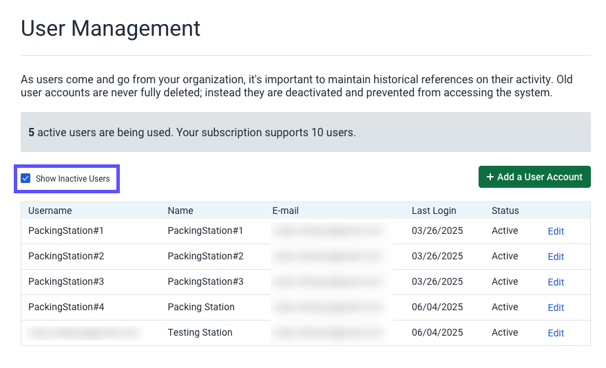 User Management popup. Red box highlights checked box to Show Inactive Users