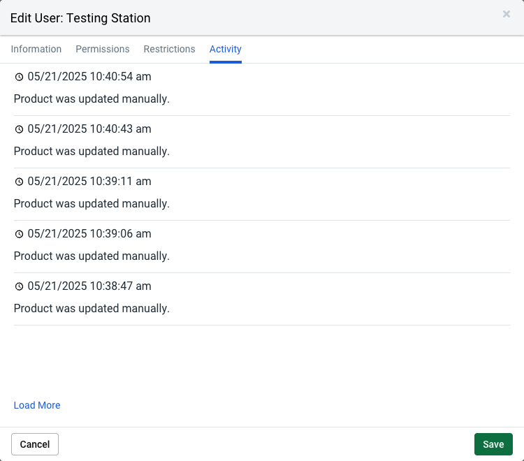 Edit user: Activity tab. Shows log in dates and times for that user.