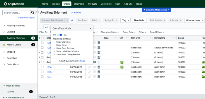Orders page with QuickShip Mode enabled and QuickShip settings open