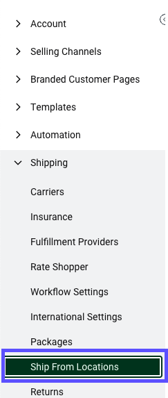Settings sidebar with Shipping section open and Ship From Locations section highlighted.