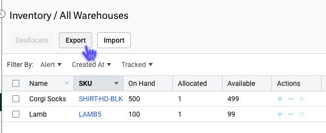 V3 Product Inventory menu with Export button highlighted.