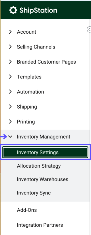 Settings Sidebar. Inventory Management dropdown: Red box highlights Inventory Settings option.