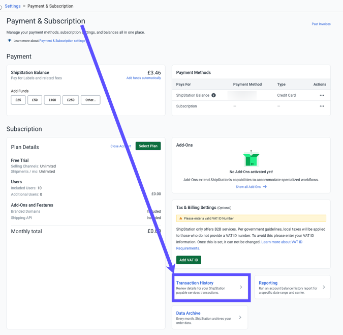 The transaction history tile is highlighted on the Payments and Subscriptions screen.