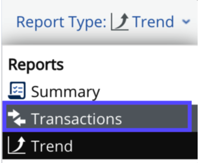 The Transactions option is shown under the Reports menu.