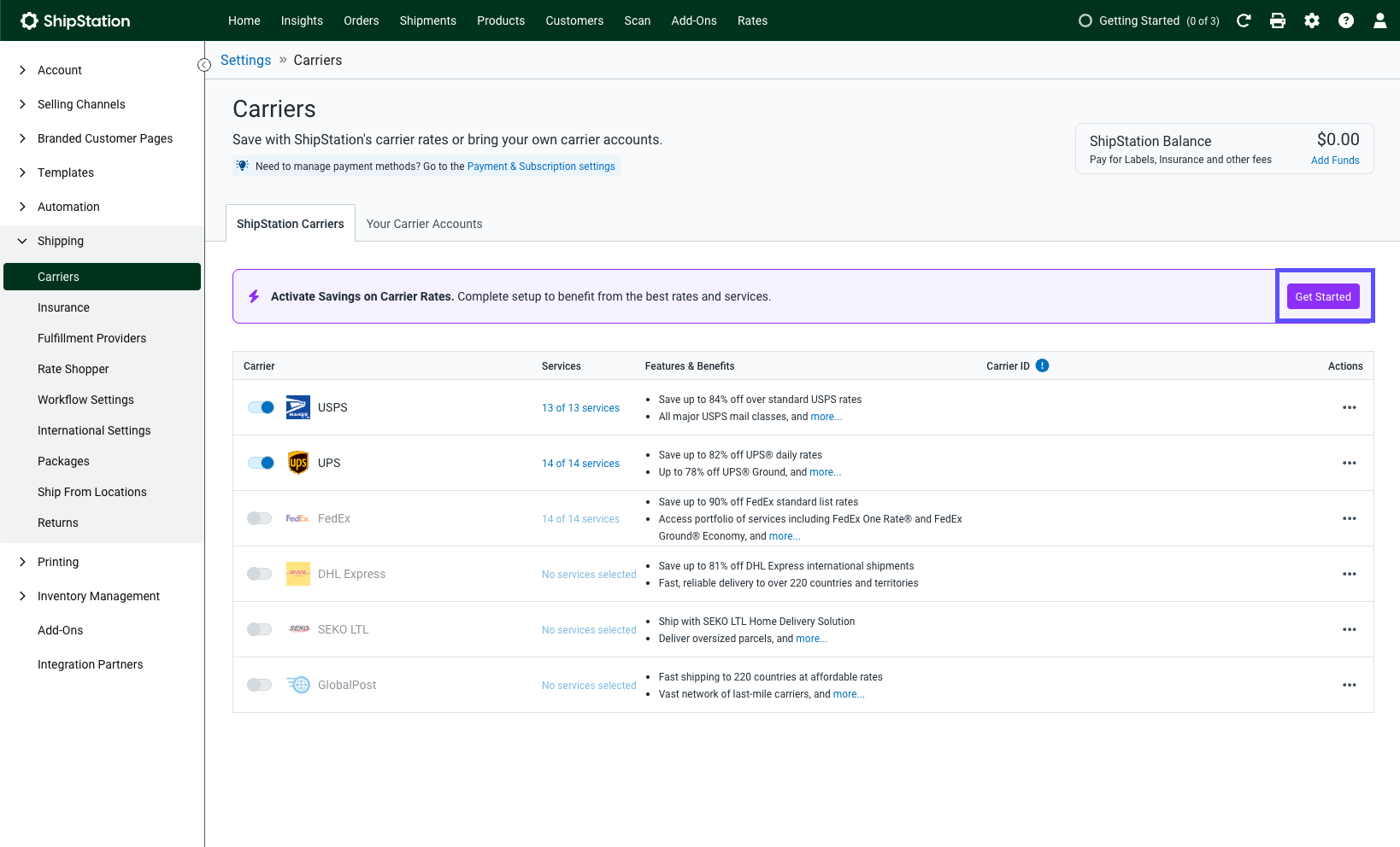 Carriers settings with arrow pointing to Get Started button