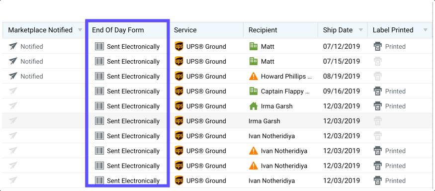 Shipment grid with the End of Day Form column highlighted.