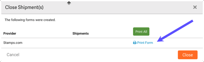 Close Shipment menu with arrow pointing to Print Form link.