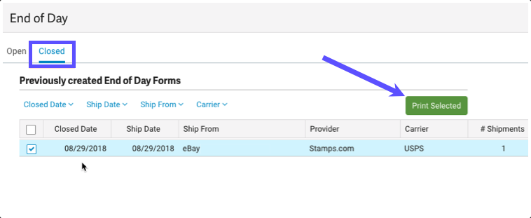 End of Day closed tab with arrow pointing to Print Selected button.