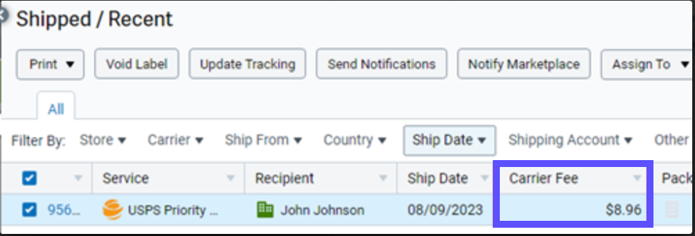 The carrier fee column is highlighted in the shipments grid.