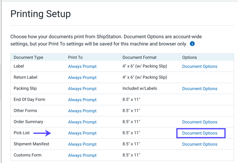 Printing Setup page. An arrow shows the Document Options action for Pick Lists