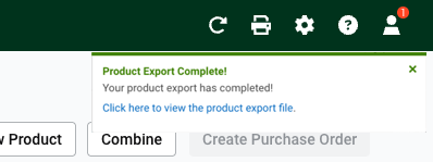 Product Export Complete pop-up notification, with Export file link at bottom.