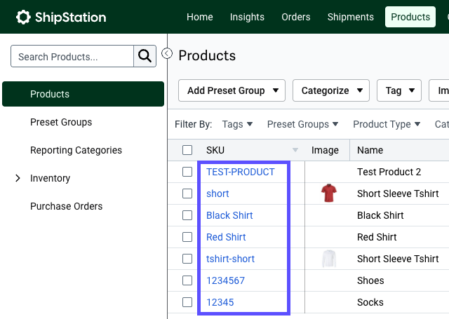 Products grid. Red box around SKUs in SKU column to show hyperlinks to Product Details