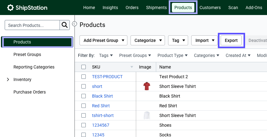 Product tab and sidebar option highlighted with a red box marking the Export button.