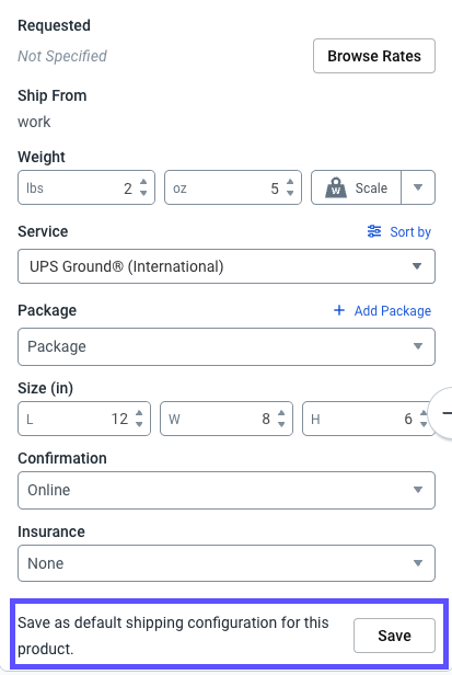 Configure Shipment Widget with arrow pointing to Save as shipping defaults for this product link