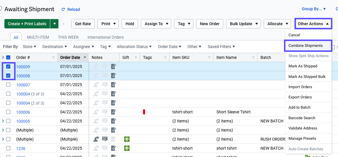 Orders tab with 2 selected shipments, Other Actions dropdown menu Combine Shipments option selected