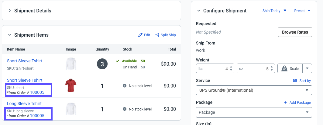 Combine Shipments Details pop-up, with the Order numbers of the combined shipment highlighted