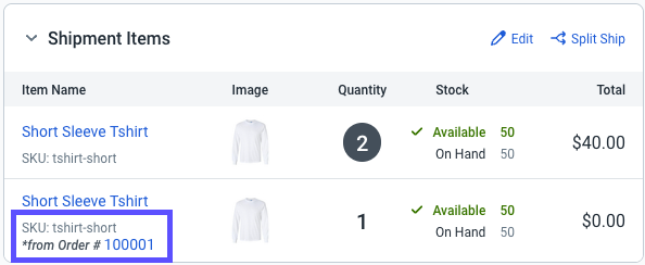 Items are displayed and a message indicating they were combined from another order is highlighted for each item.