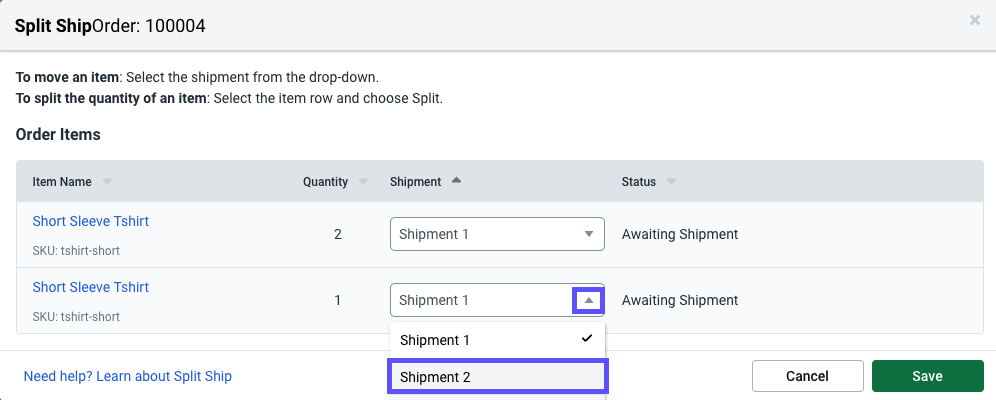 The shipment drop-down box shows the subsequent order in the combined order.