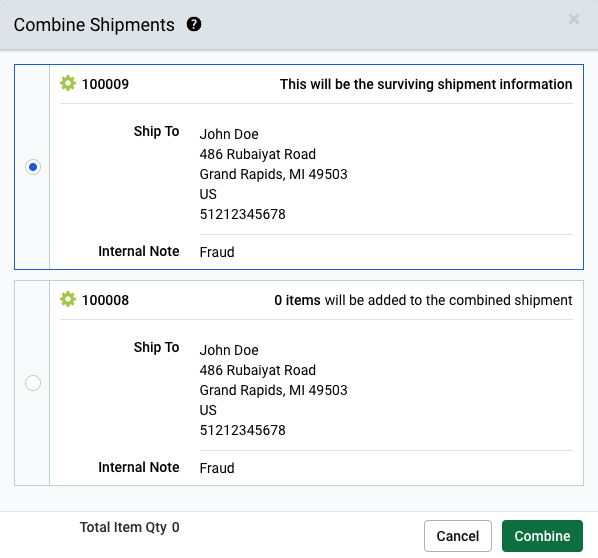 Choose Address pop-up. Shows 3 different addresses. Radio button shows 3rd address selected