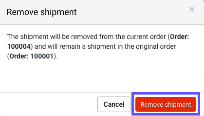 The remove shipment modal is displayed with the remove shipment button selected.