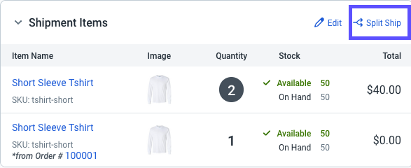 The Split Ship link is highlighted on the order details screen.
