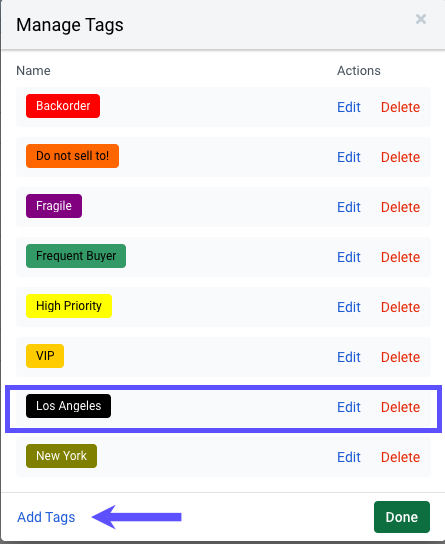 Manage Tags pop-up. Red box highlights Tag labeled Los Angeles. Red arrow points to button: +Add Tag.