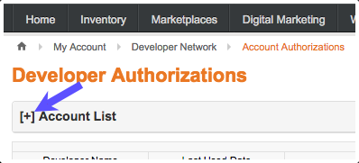ChannelAdvisor Account Authorizations settings open with arrow pointing to Account List menu.