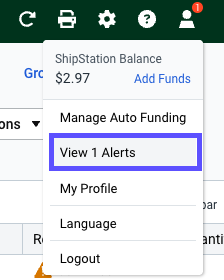 Red box highlights the View Alerts option + count from the drop-down menu from the Profile icon