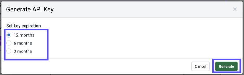 Generate API Key popup. Shows options for key expiration date & Generate button