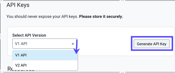 API Key version dropdown. Generate API Key button shown