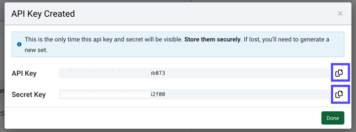 API-­Settings. Shows the V1 API Key & API Secret, & copy icons.