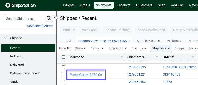 Shipments grid with the link to file a claim for ParcelGuard, in the Insurance column, selected.
