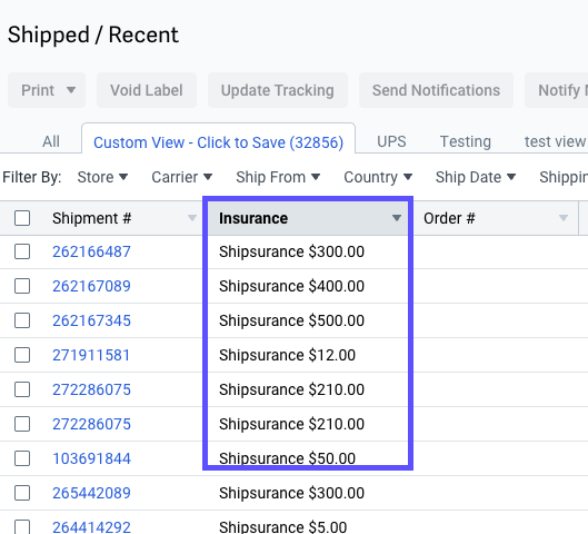 Box highlights Insurance column on Shipments tab