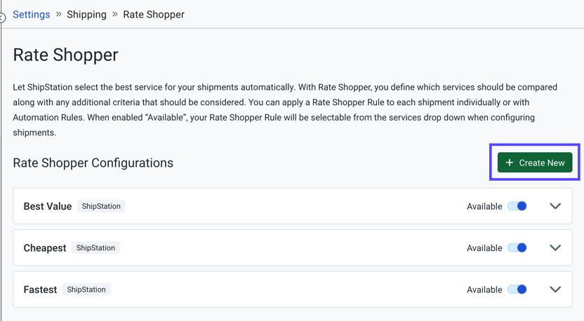 Box highlights Create New button on Rate Shopper page.