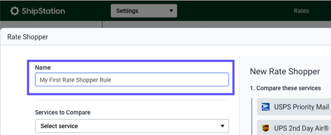 Rate Shopper creation popup. A box shows the Name field.