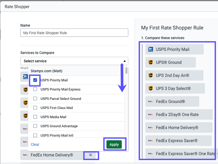 Service-to-Compare dropdown. Shows chosen options, Apply button. X to close. Listed Options on side
