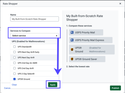 Service-to-Compare dropdown. Shows chosen options, Apply button. X to close. Listed Options on side