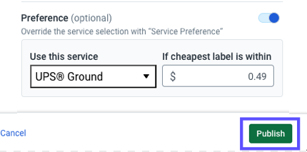 Shows the Publish button to create a Rate Shopper Rule